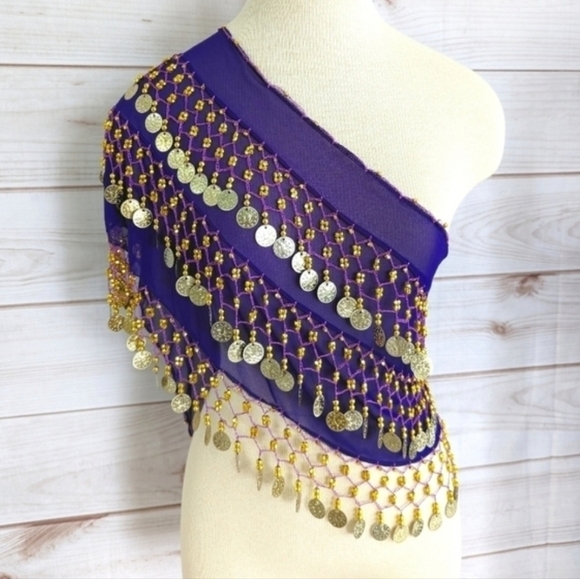Chiffon Beaded Three Row Coin Festival Belt Scarf Wrap in Purple and Gold - Picture 14 of 14